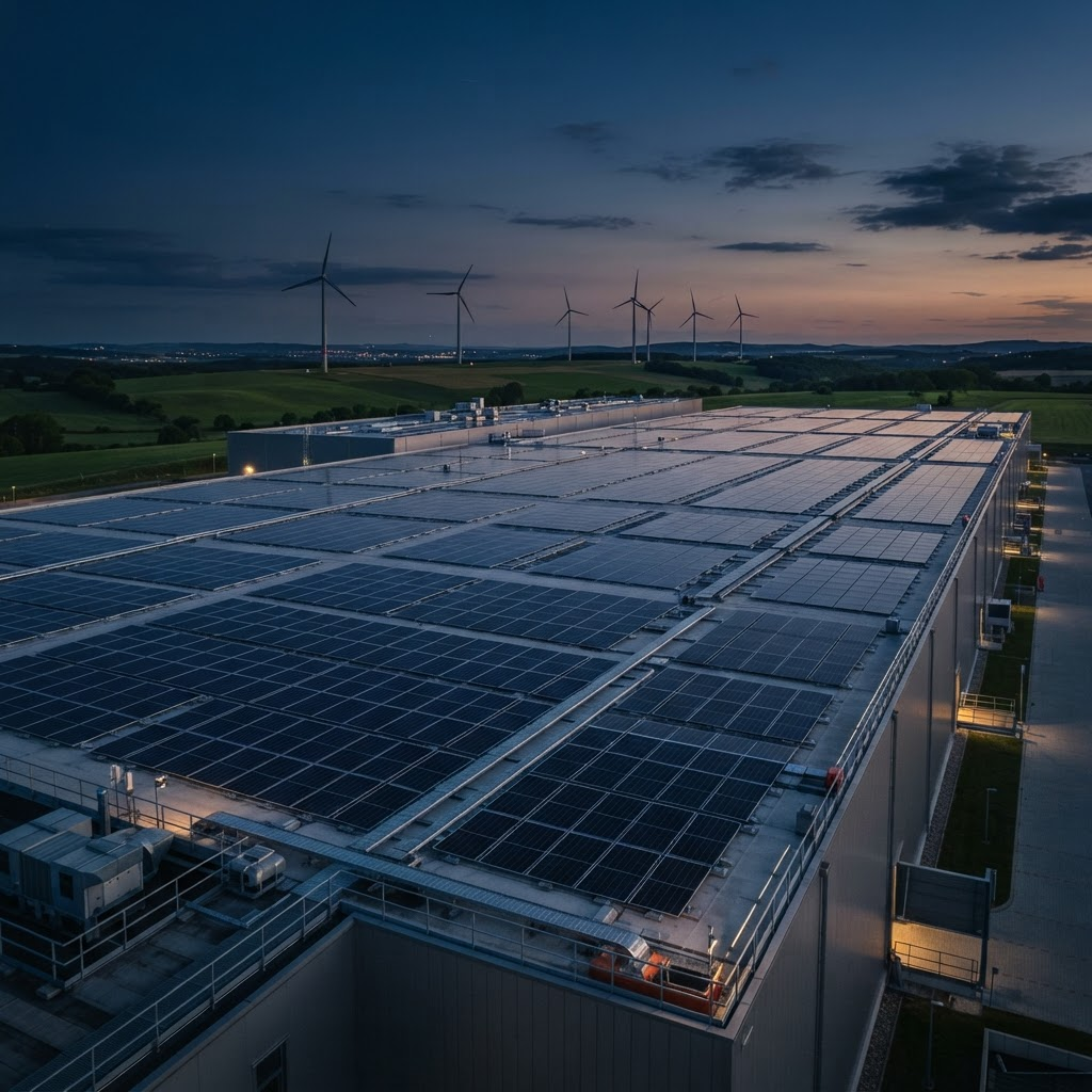 Industrial solar photovoltaic power plant at dusk